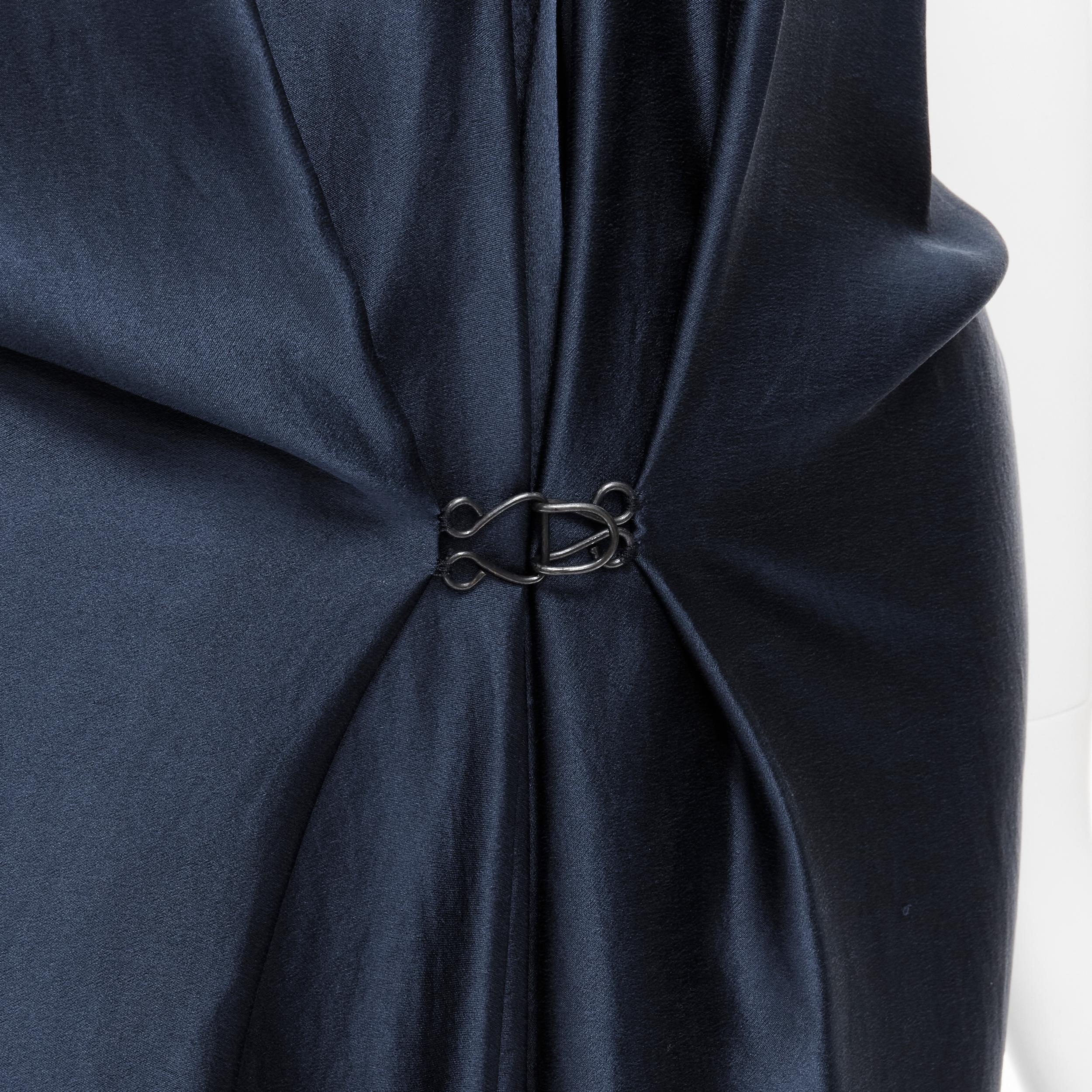 LANVIN 2014 Alber Elbaz navy silk raw frayed ruffle draped hook dress FR36 XS 
Reference: CELG/A00116 
Brand: Lanvin 
Designer: Alber Elbaz 
Collection: 2004 Runway 
Material: Silk 
Color: Blue 
Pattern: Solid 
Closure: Hook & Eye 
Extra Detail: Raw
