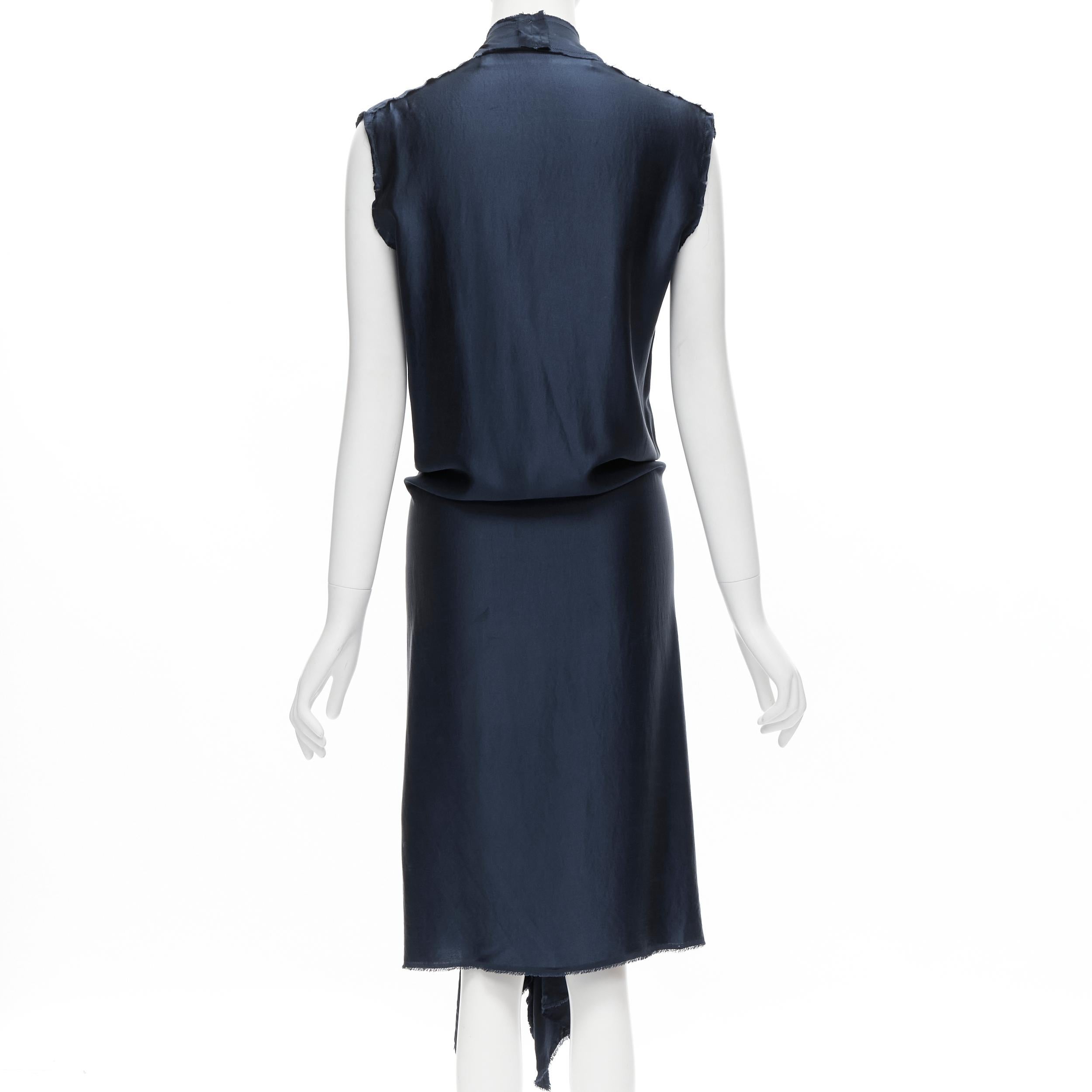 Women's LANVIN 2014 Alber Elbaz navy silk raw frayed ruffle draped hook dress FR36 XS