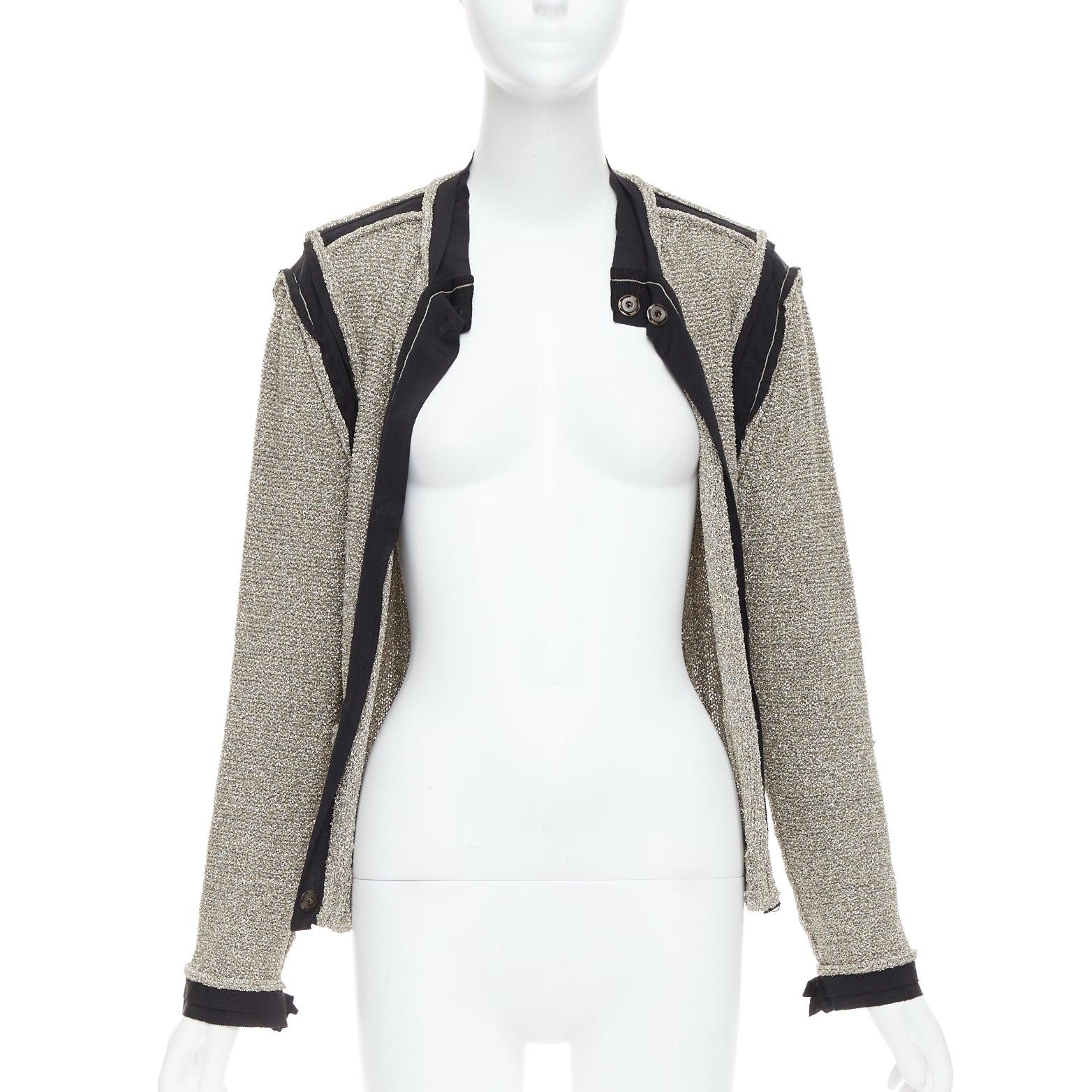 Gris LANVIN 2014 cardigan à manches longues or métallisé garni de noir S en vente