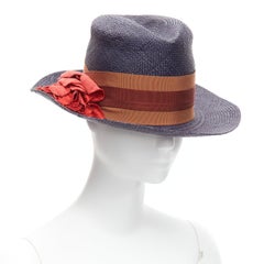 LANVIN 2015 Alber Elbaz red flower brown web ribbon navy straw fedora hat M