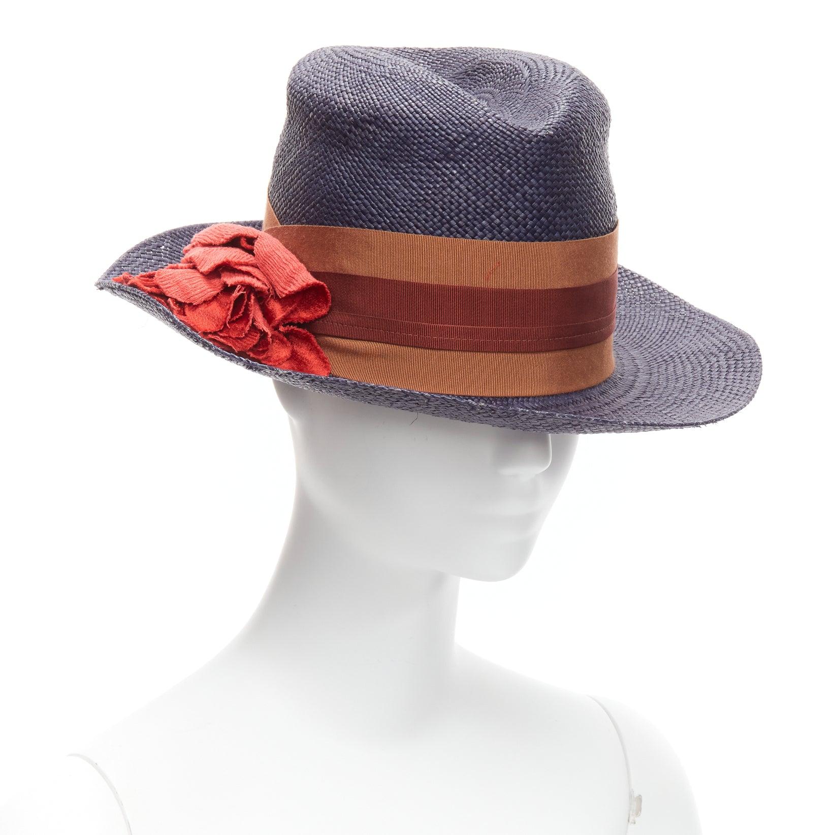 Gray LANVIN 2015 Alber Elbaz red flower brown web ribbon navy straw fedora hat M For Sale