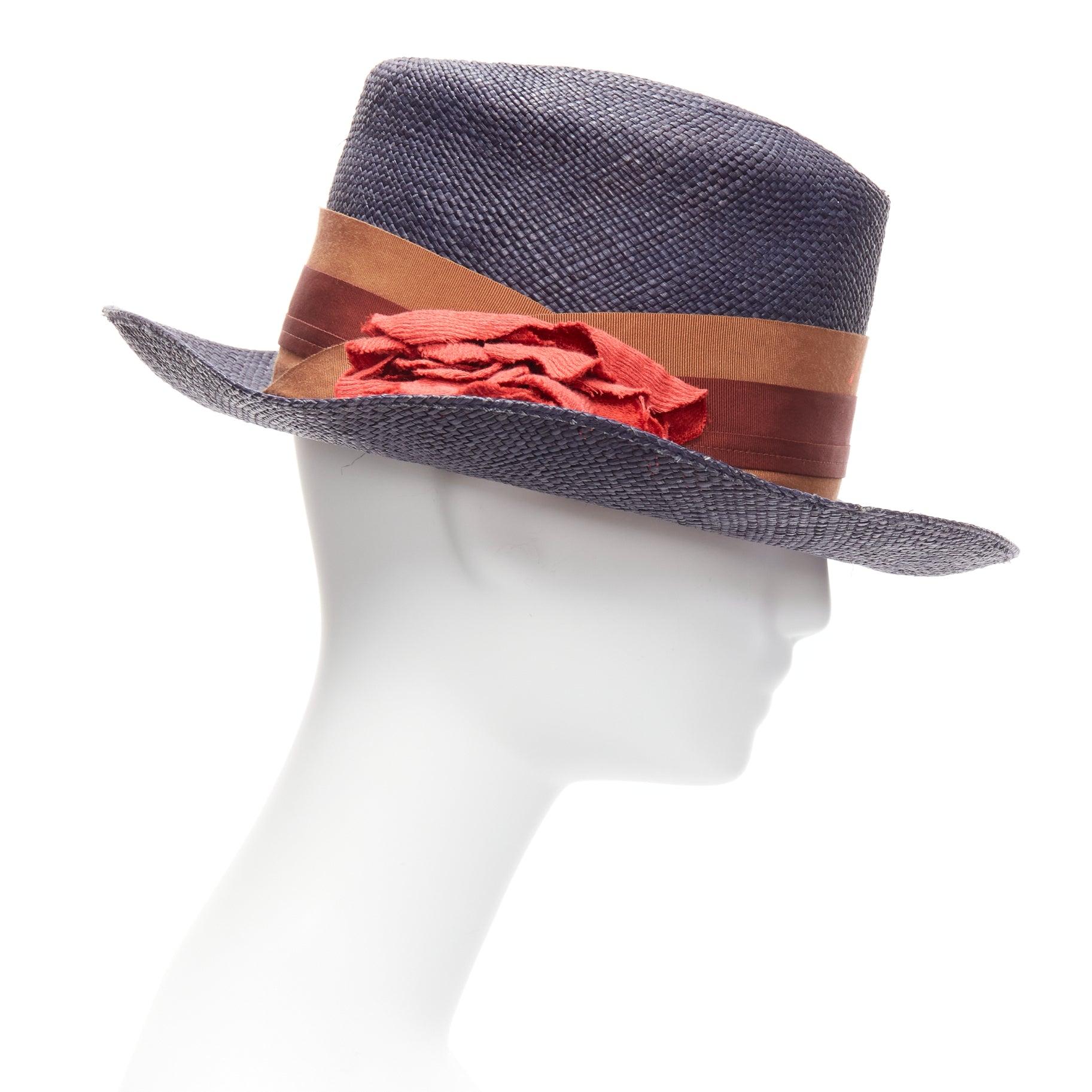 LANVIN 2015 Alber Elbaz red flower brown web ribbon navy straw fedora hat M In Good Condition For Sale In Hong Kong, NT