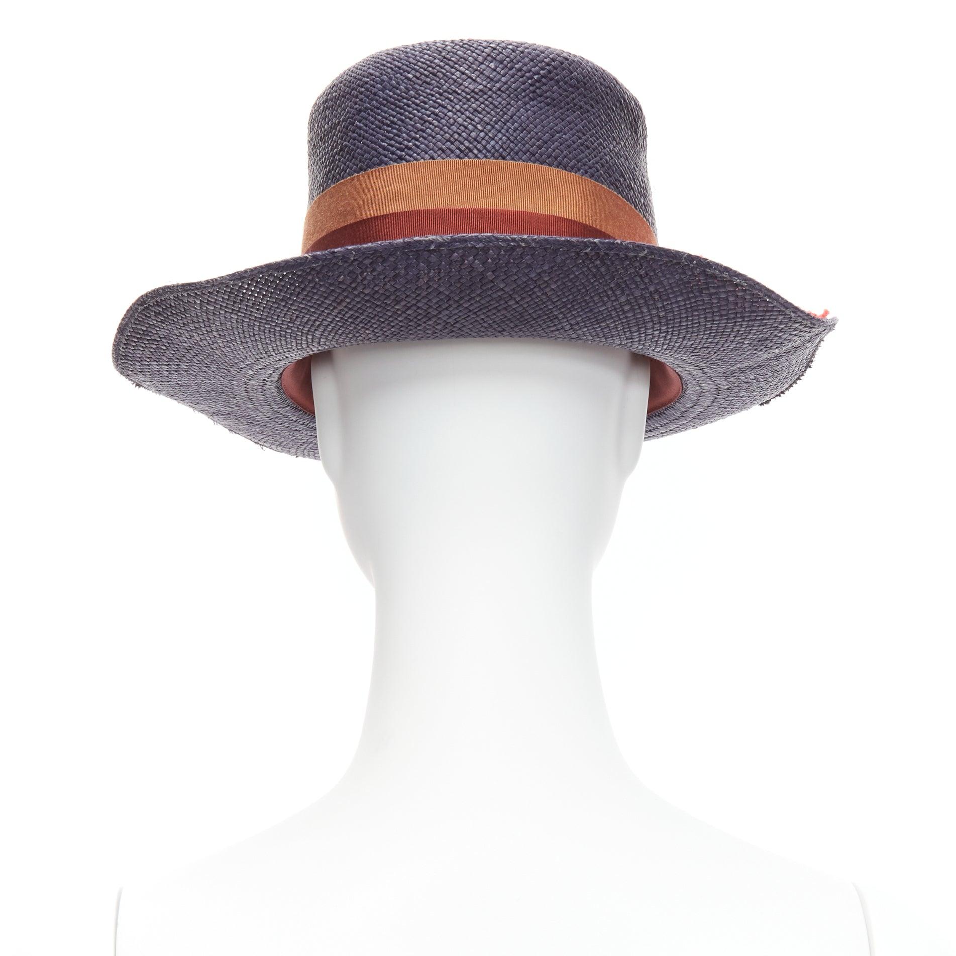 Women's LANVIN 2015 Alber Elbaz red flower brown web ribbon navy straw fedora hat M For Sale
