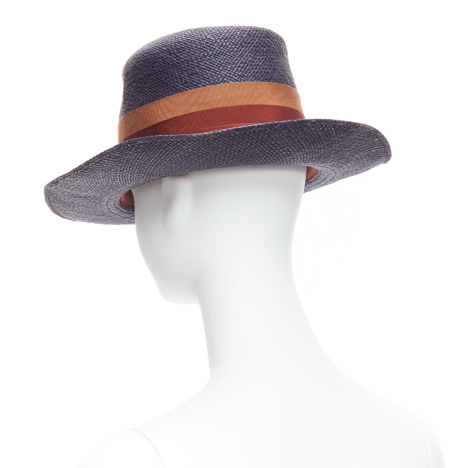 LANVIN 2015 Alber Elbaz red flower brown web ribbon navy straw fedora hat M For Sale 1