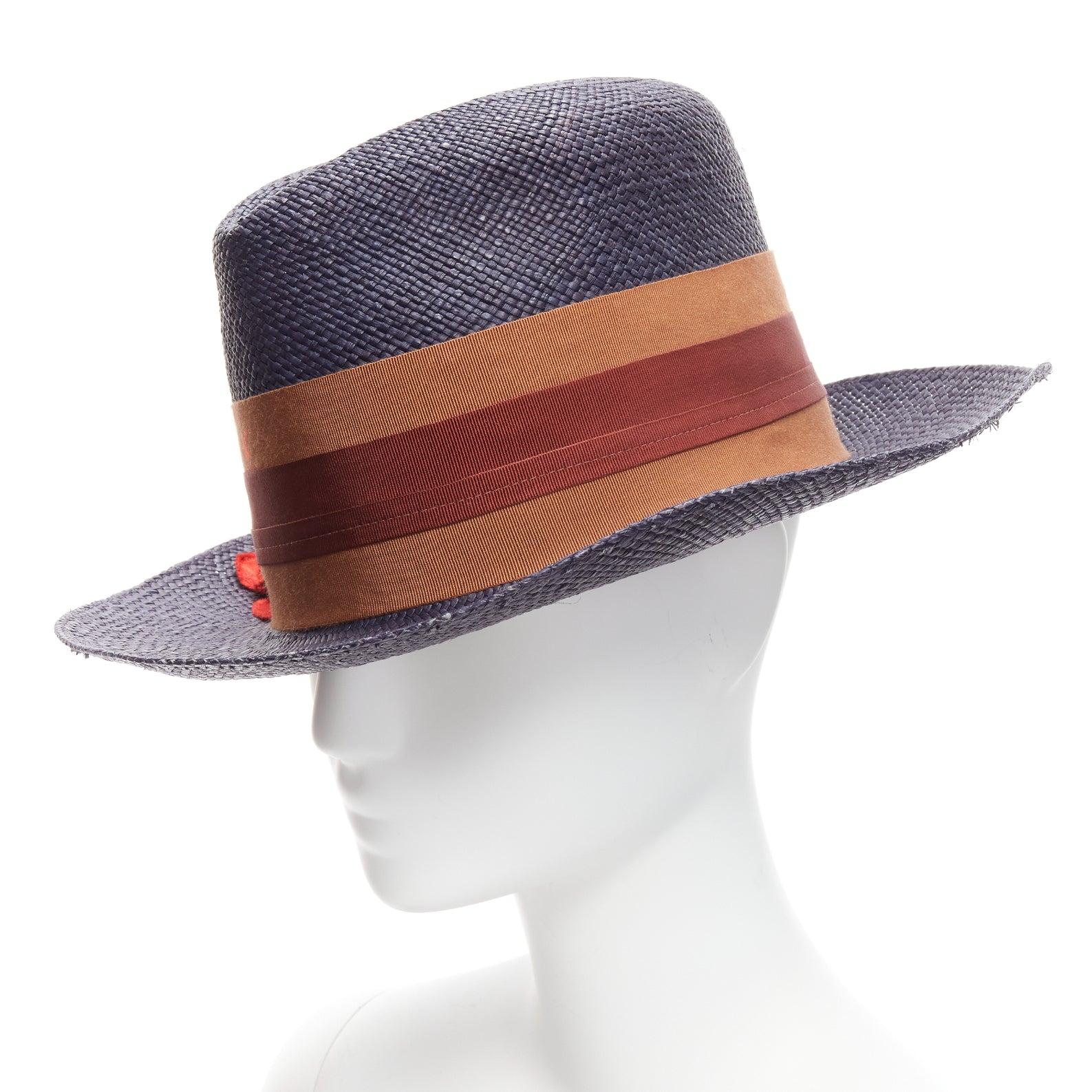 LANVIN 2015 Alber Elbaz red flower brown web ribbon navy straw fedora hat M For Sale 2