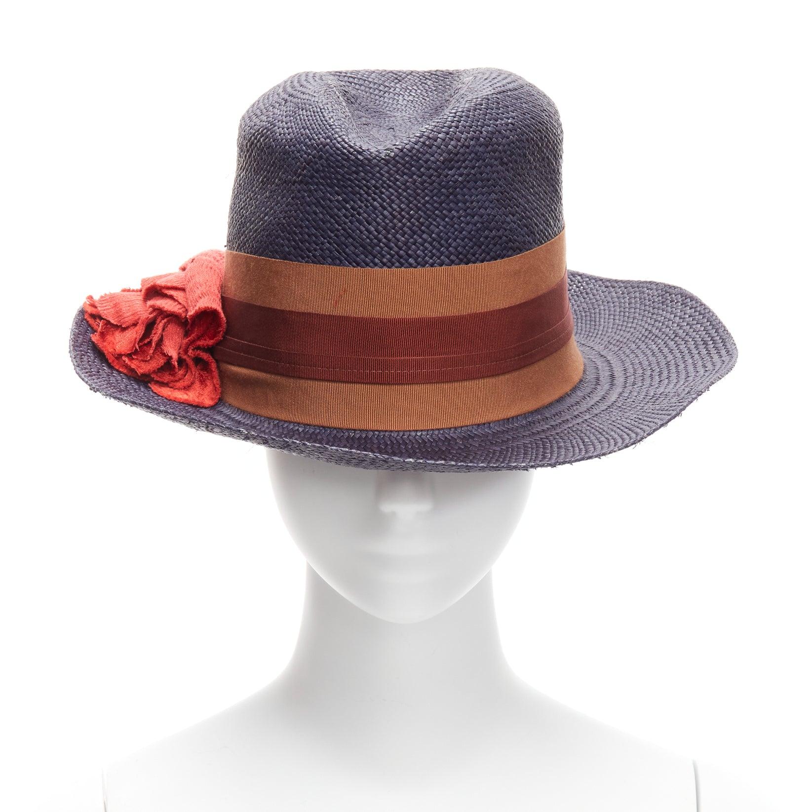LANVIN 2015 Alber Elbaz red flower brown web ribbon navy straw fedora hat M For Sale