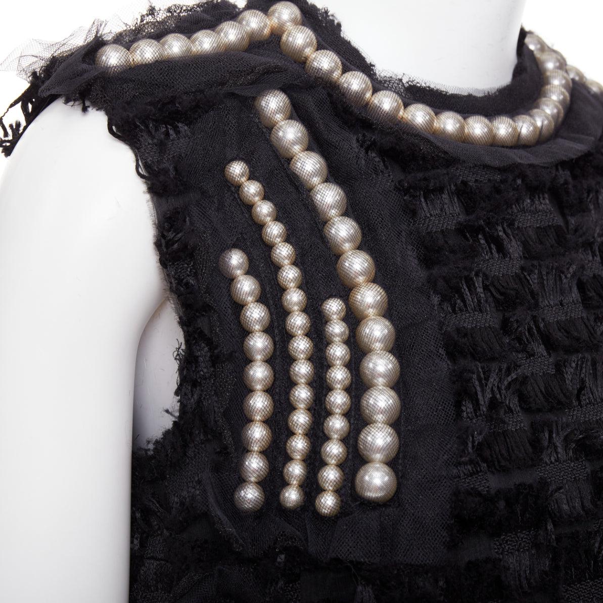 LANVIN 2015 schwarzes Perlen Netz verschönert Wimpern Fransen Seide gefüttert Kleid FR36 S (Schwarz) im Angebot