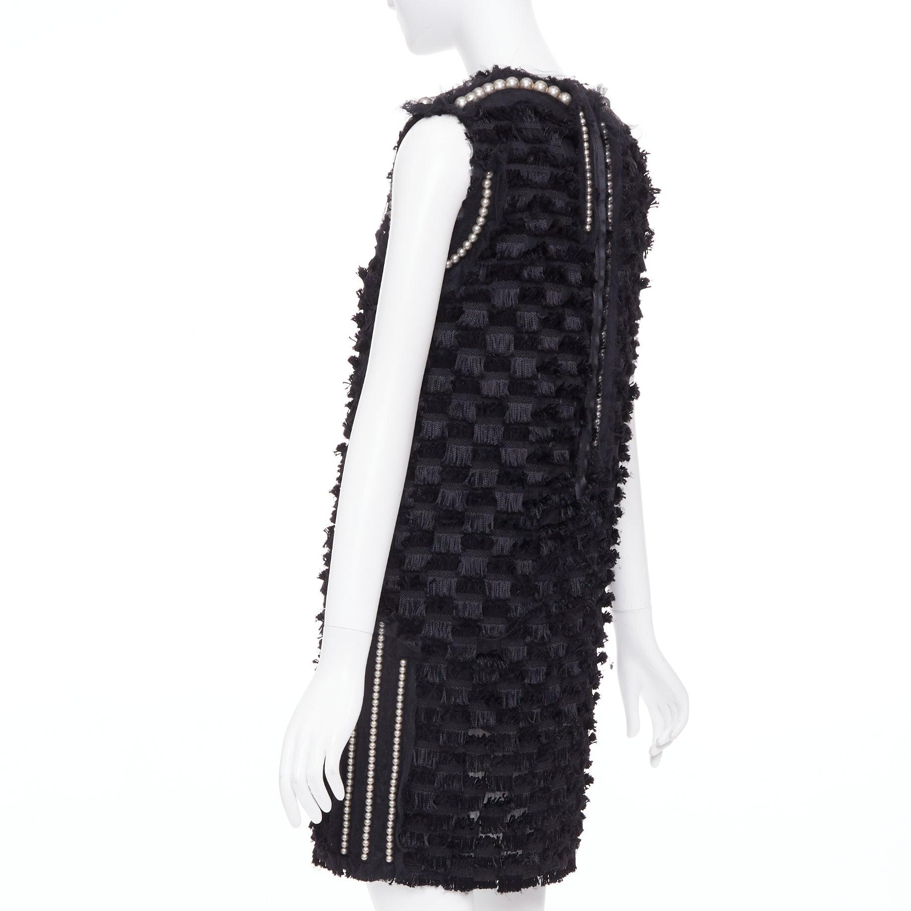 LANVIN 2015 schwarzes Perlen Netz verschönert Wimpern Fransen Seide gefüttert Kleid FR36 S im Angebot 1