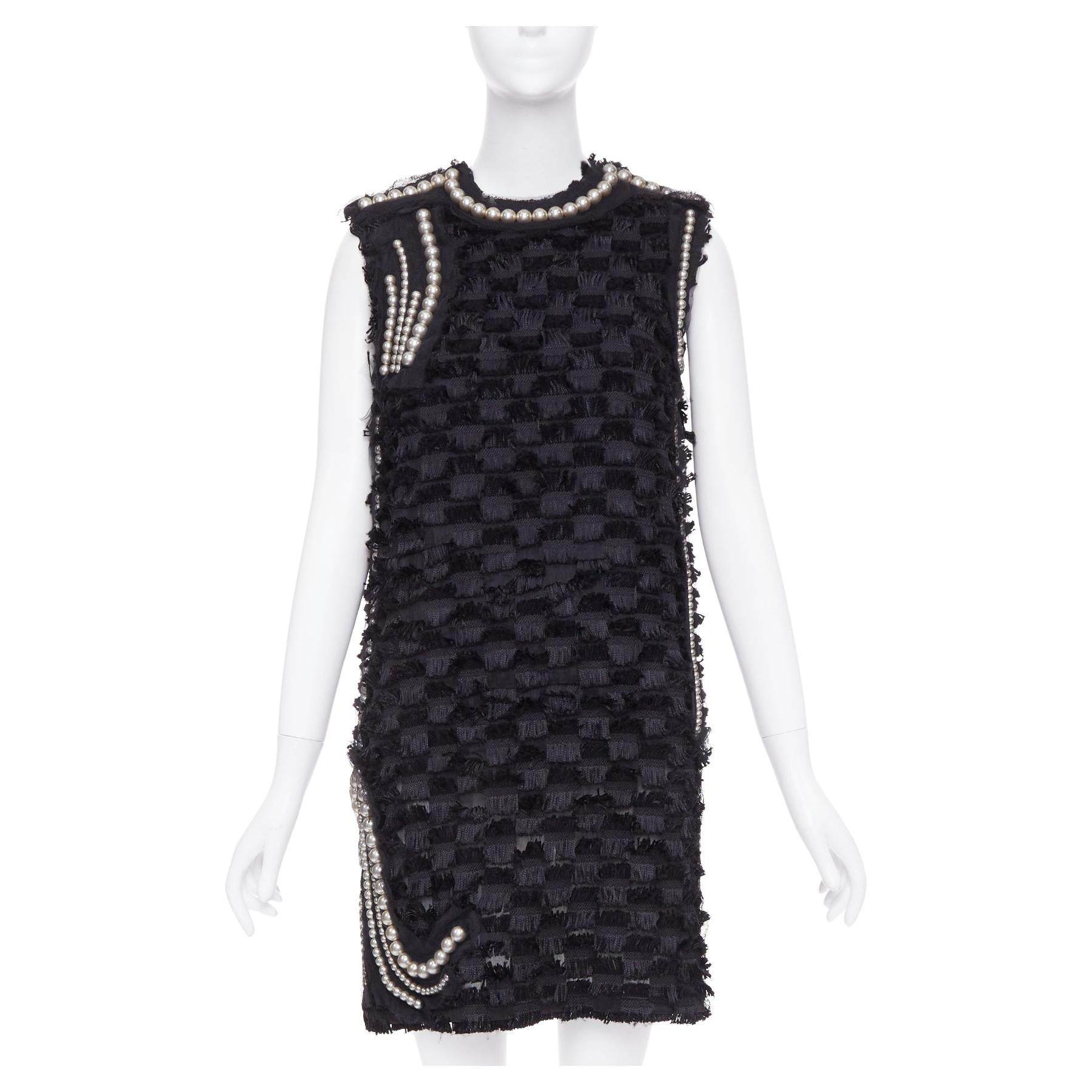 LANVIN 2015 black pearl mesh embellished eyelash fringe silk lined dress FR36 S