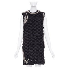 LANVIN 2015 black pearl mesh embellished eyelash fringe silk lined dress FR36 S