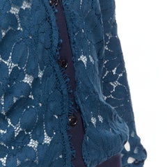 LANVIN 2015 blue silk cotton floral lace sheer long sleeve V neck cardigan S