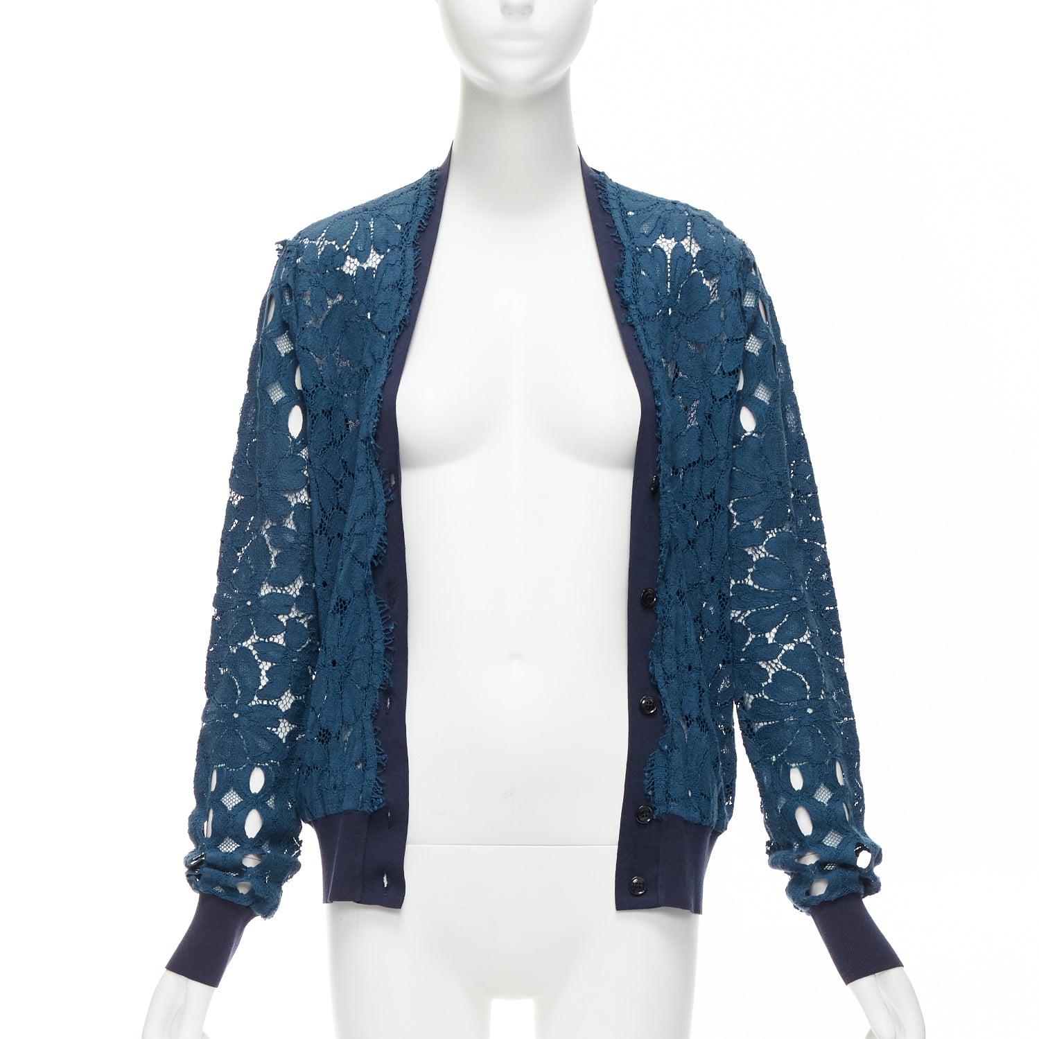 LANVIN 2015 blue silk cotton floral lace sheer long sleeve V neck cardigan S In Excellent Condition For Sale In Hong Kong, NT