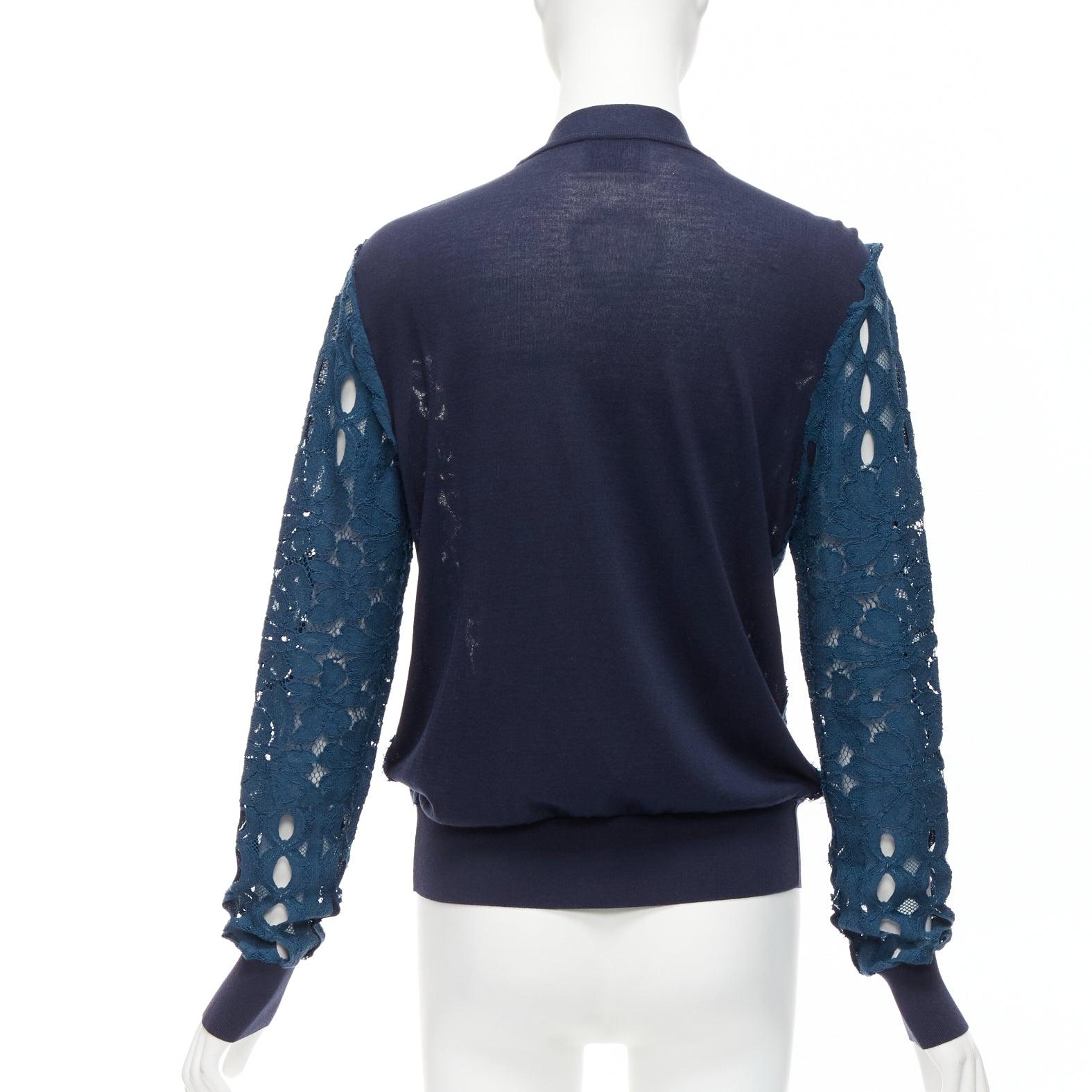 LANVIN 2015 - Cardigan col V à manches longues en coton de soie bleue avec dentelle florale transparente S en vente 2