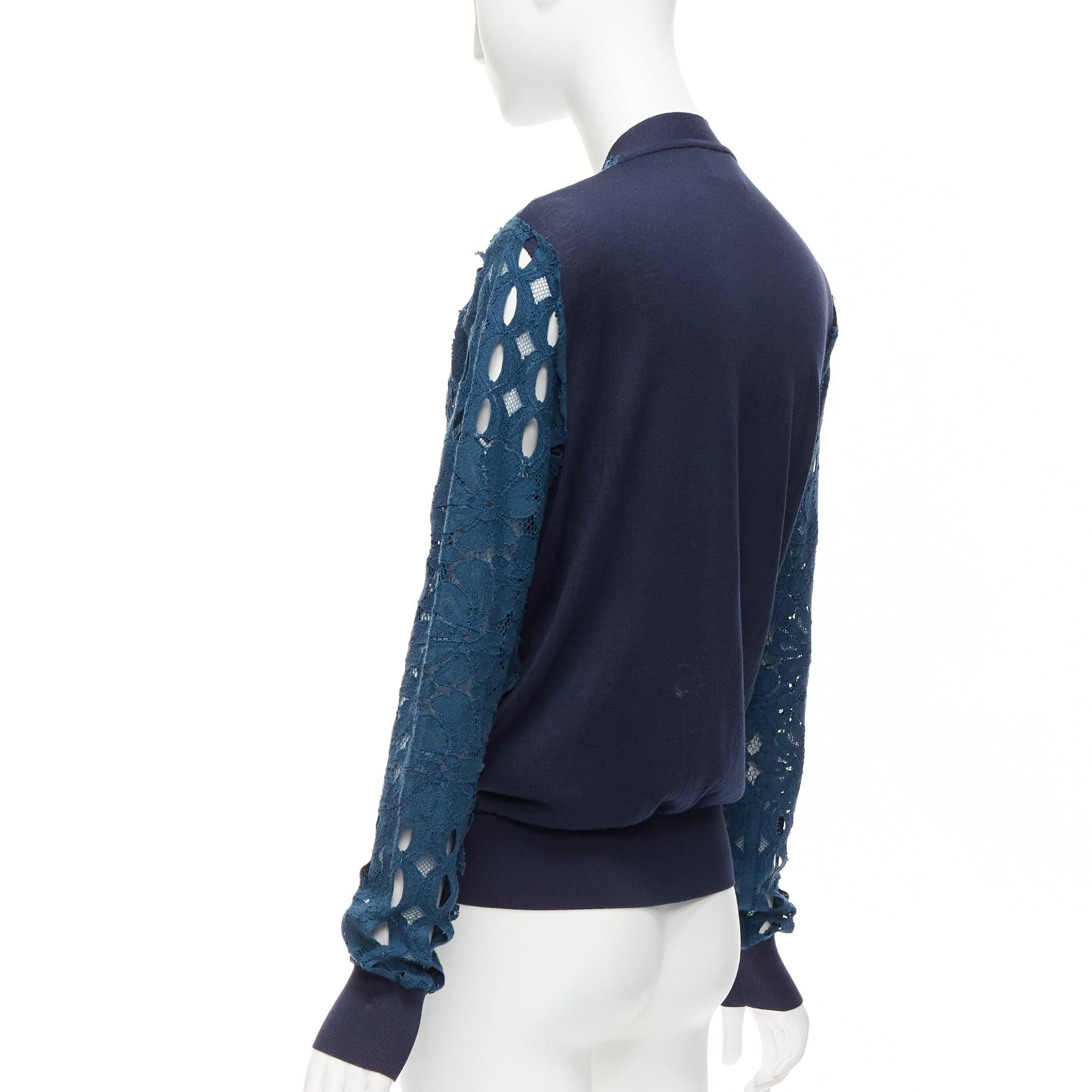 LANVIN 2015 - Cardigan col V à manches longues en coton de soie bleue avec dentelle florale transparente S en vente 3