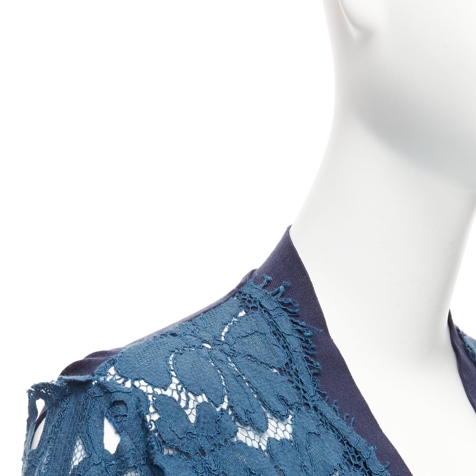 LANVIN 2015 - Cardigan col V à manches longues en coton de soie bleue avec dentelle florale transparente S en vente 4