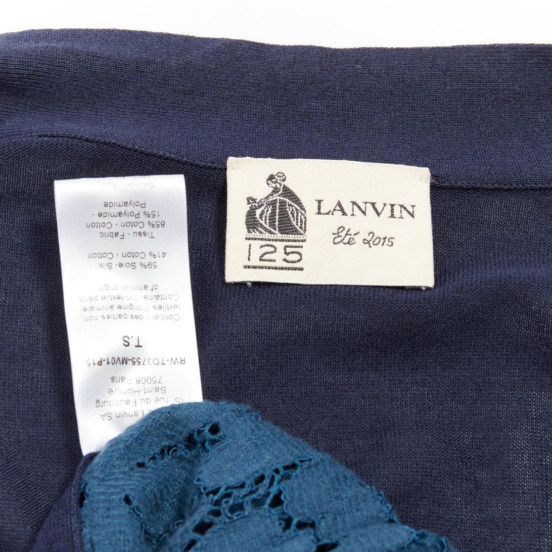 LANVIN 2015 blau Seide Baumwolle floral Spitze schiere lange Ärmel V-Ausschnitt Strickjacke S im Angebot 5