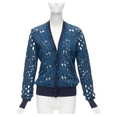 LANVIN 2015 blue silk cotton floral lace sheer long sleeve V neck cardigan S
