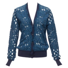 LANVIN 2015 bleu soie coton dentelle florale diaphane manches longues col V cardigan S
