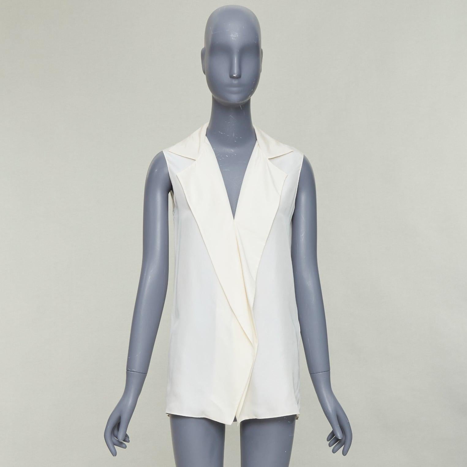 LANVIN 2015 cremefarbene Seide mit breitem Revers und tiefem Ausschnitt ärmelloses Blusentop FR34 XS im Angebot 4