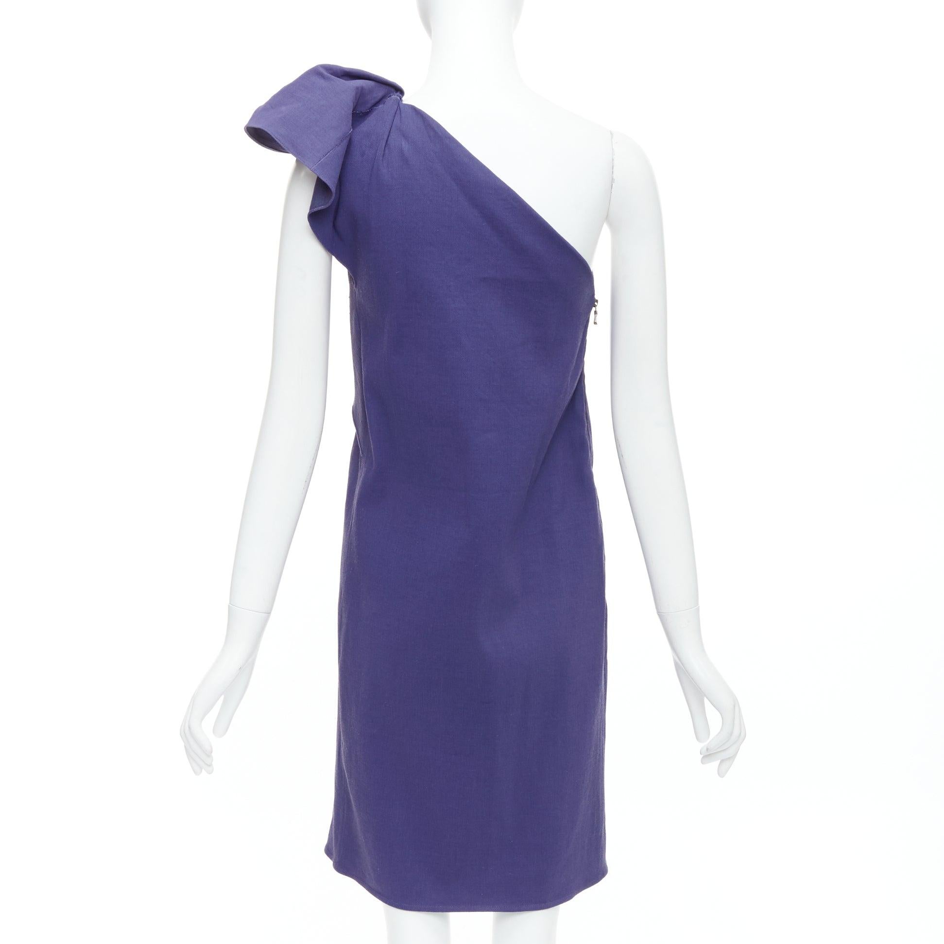 Women's LANVIN 2015 deep purple linen one shoulder ruffle dress FR38 M For Sale