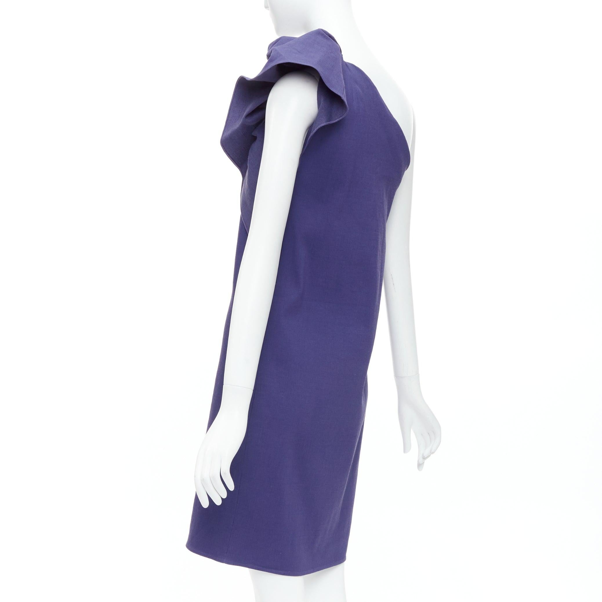 LANVIN 2015 deep purple linen one shoulder ruffle dress FR38 M For Sale 1
