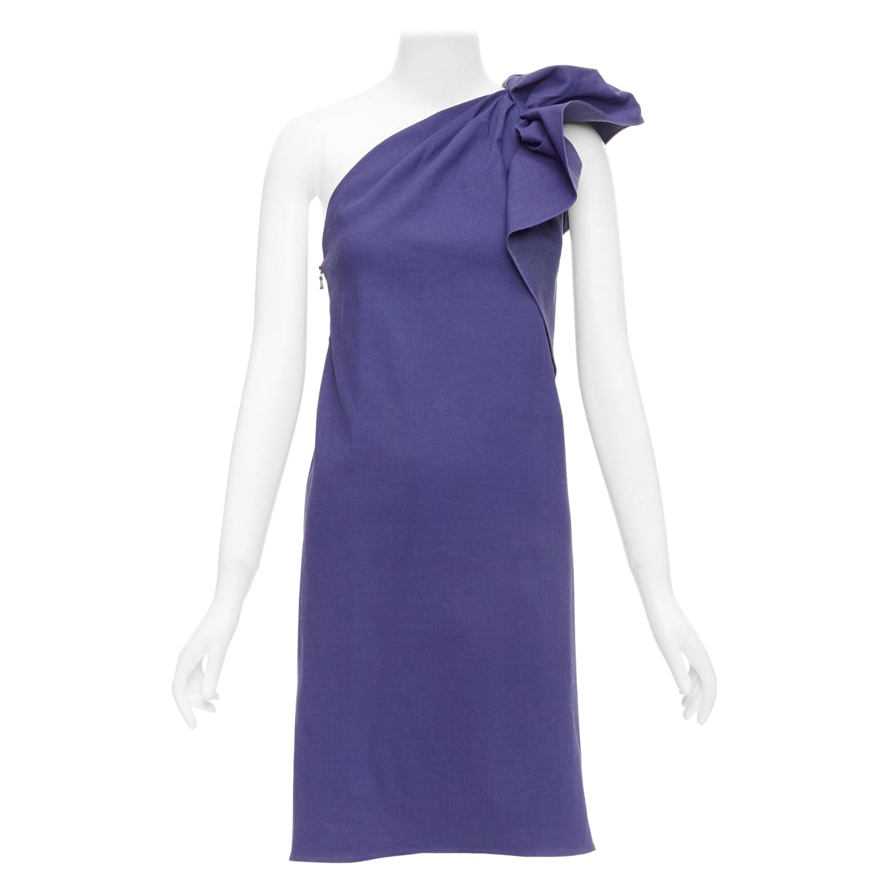 LANVIN 2015 tief lila Leinen-Kleid mit einer Schulterriemen und Rüschen FR38 M