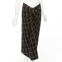 LANVIN 2015 grey black checked wool blend drape knot midi skirt FR38 M