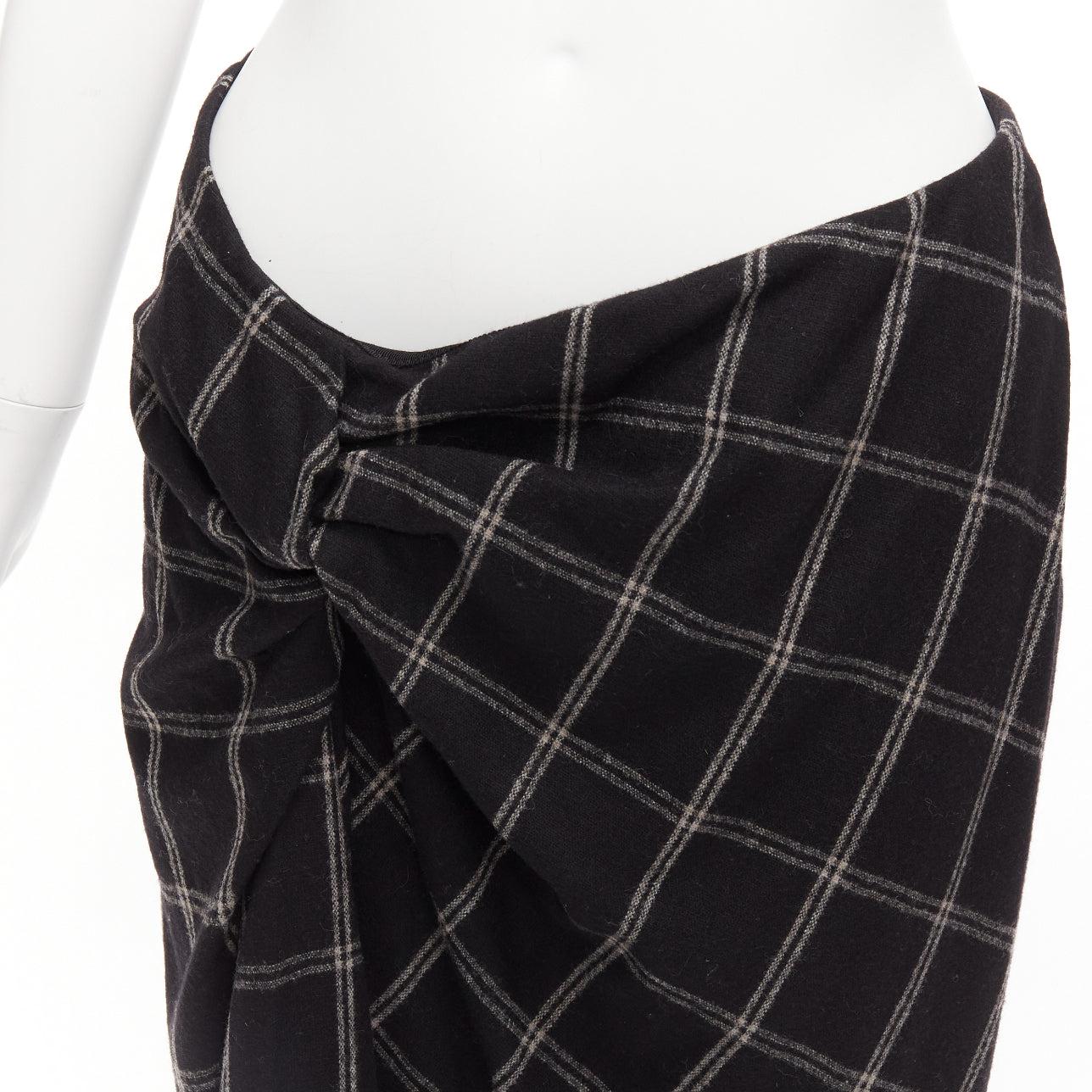 LANVIN 2015 grey black checked wool blend drape knot midi skirt FR38 M In Excellent Condition For Sale In Hong Kong, NT