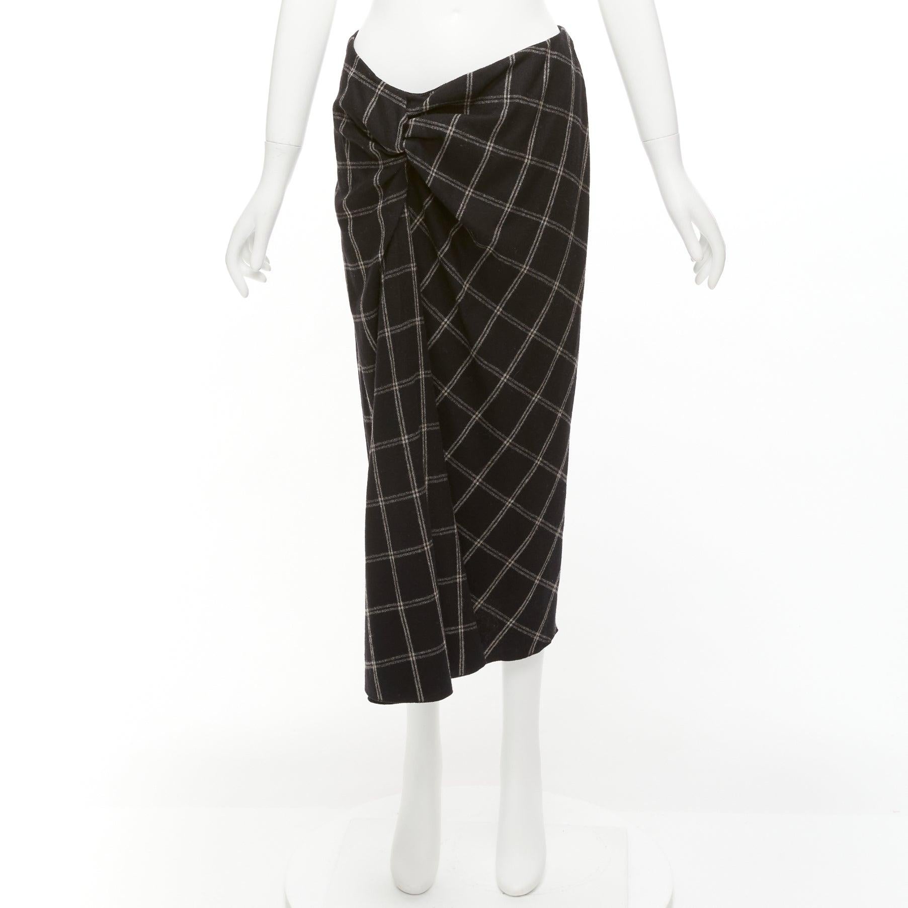LANVIN 2015 grey black checked wool blend drape knot midi skirt FR38 M For Sale 5