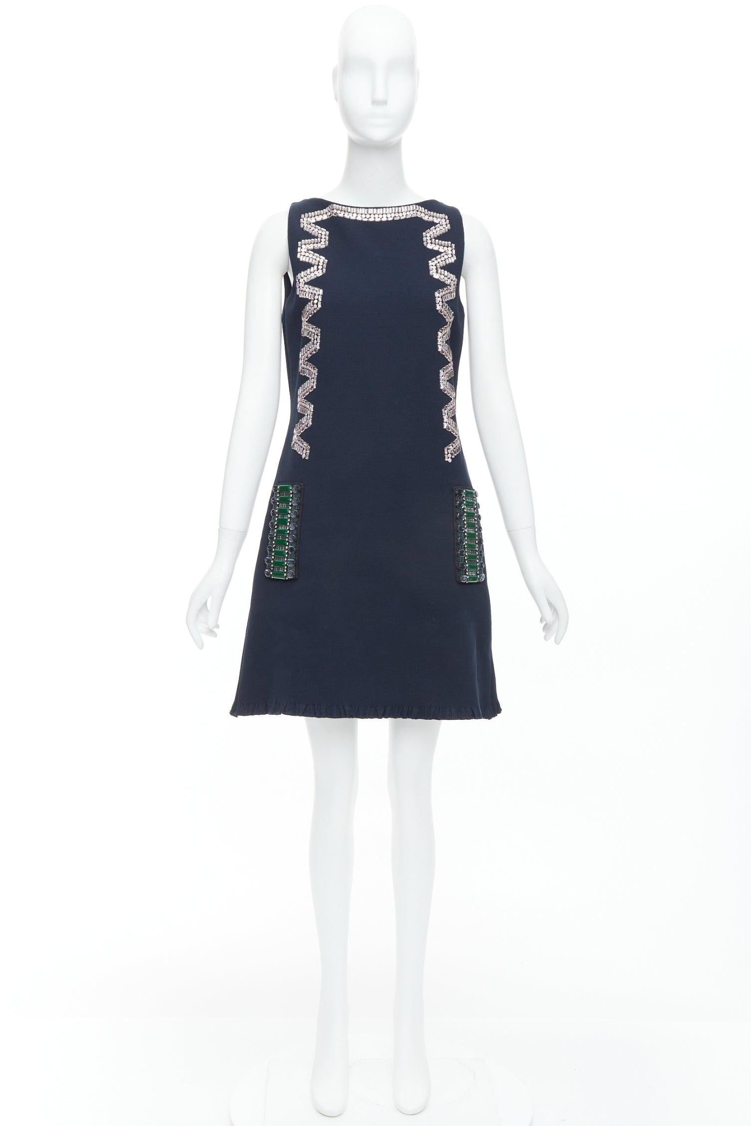 LANVIN 2015 marineblaues Baumwoll-Shiftkleid mit Strassbesatz FR36 S im Angebot 4