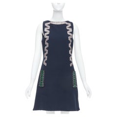 LANVIN 2015 navy cotton rhinestone embellished ribbon shift dress FR36 S