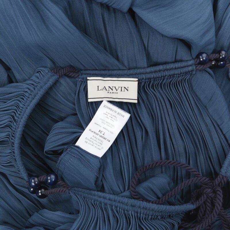 LANVIN 2016 teal blue pleated polyester beaded tie string slit maxi dress FR34 5