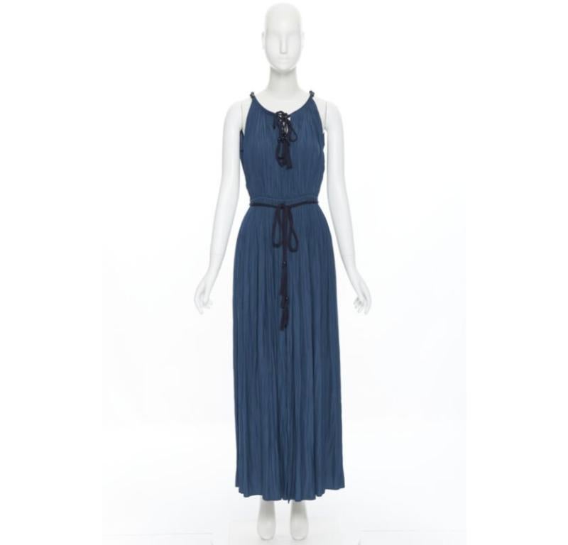 Blue LANVIN 2016 teal blue pleated polyester beaded tie string slit maxi dress FR34
