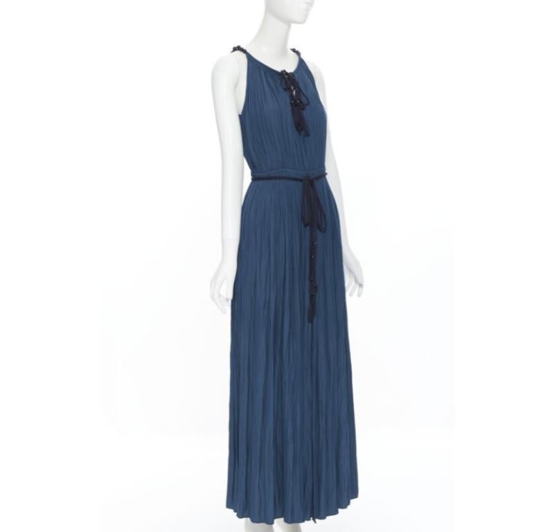 LANVIN 2016 teal blue pleated polyester beaded tie string slit maxi dress FR34 In Good Condition In Hong Kong, NT