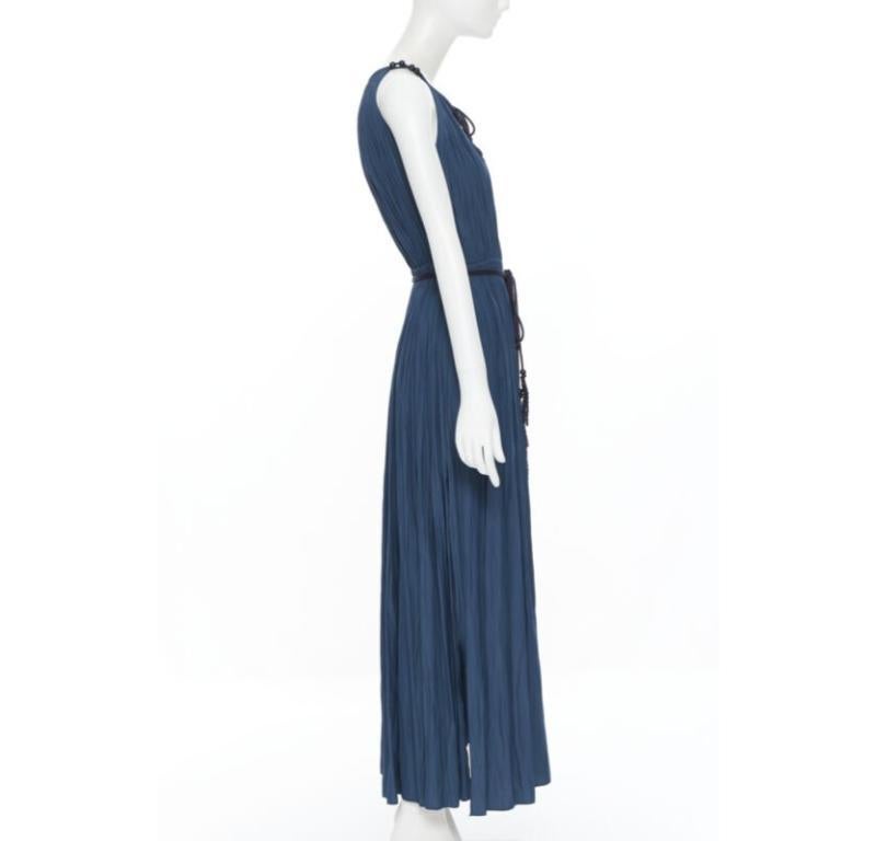 Women's LANVIN 2016 teal blue pleated polyester beaded tie string slit maxi dress FR34