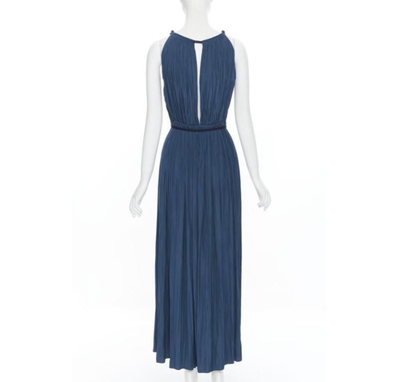 LANVIN 2016 teal blue pleated polyester beaded tie string slit maxi dress FR34 1