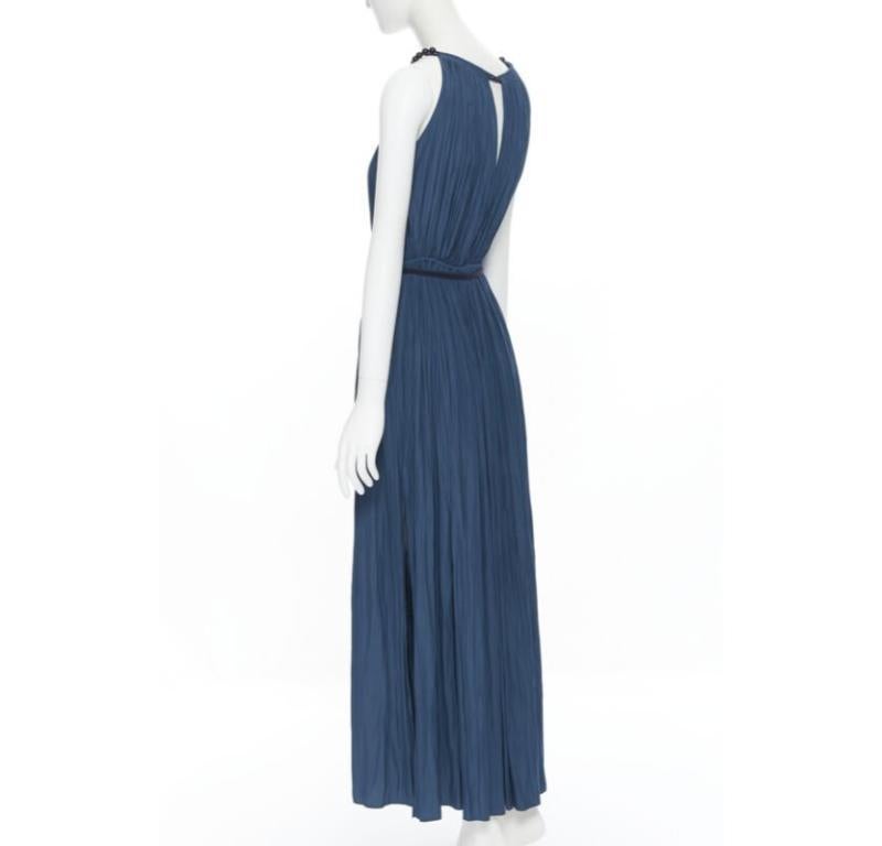 LANVIN 2016 teal blue pleated polyester beaded tie string slit maxi dress FR34 2