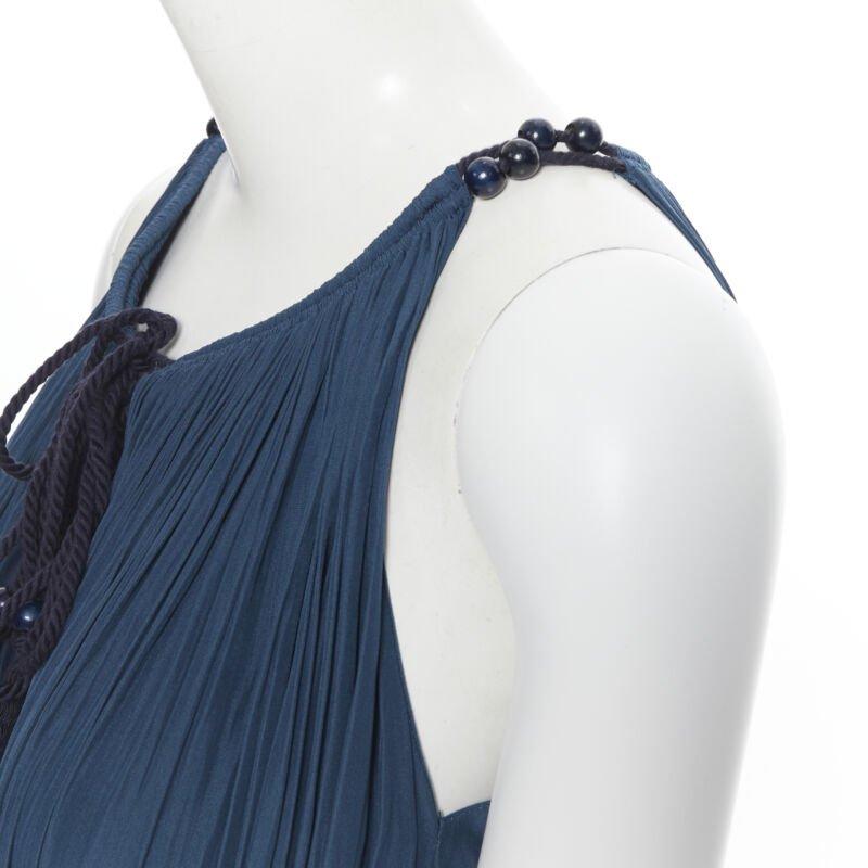LANVIN 2016 teal blue pleated polyester beaded tie string slit maxi dress FR34 3