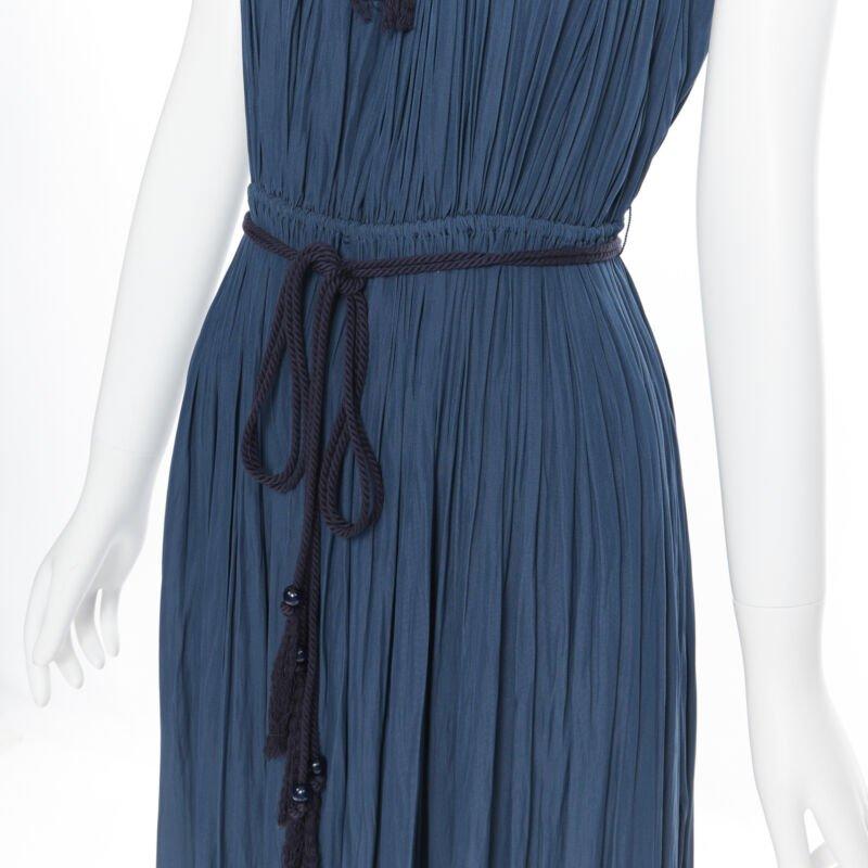 LANVIN 2016 teal blue pleated polyester beaded tie string slit maxi dress FR34 4
