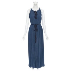 LANVIN 2016 teal blue pleated polyester beaded tie string slit maxi dress FR34
