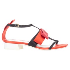 LANVIN 2018 Runway bow embellished red satin T-strap chunky sandals EU37