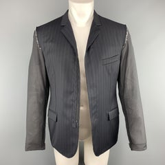 LANVIN 40 Navy Striped Wool Notch Lapel Sheer Back & Sleeves Jacket