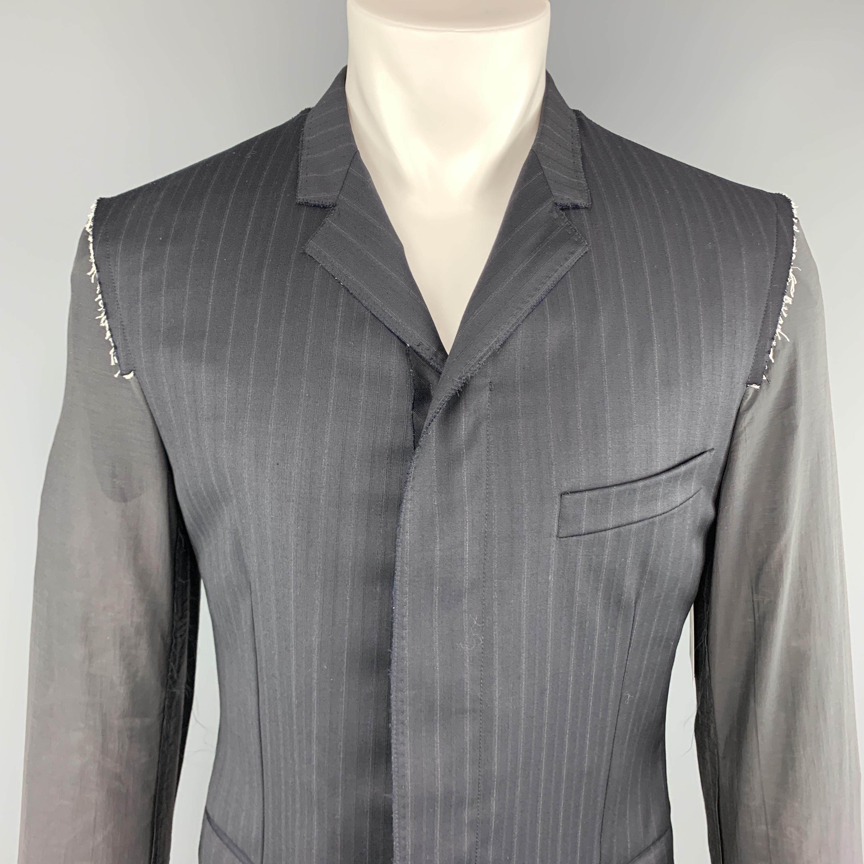 Gray LANVIN 40 Navy Striped Wool Notch Lapel Sheer Back & Sleeves Jacket