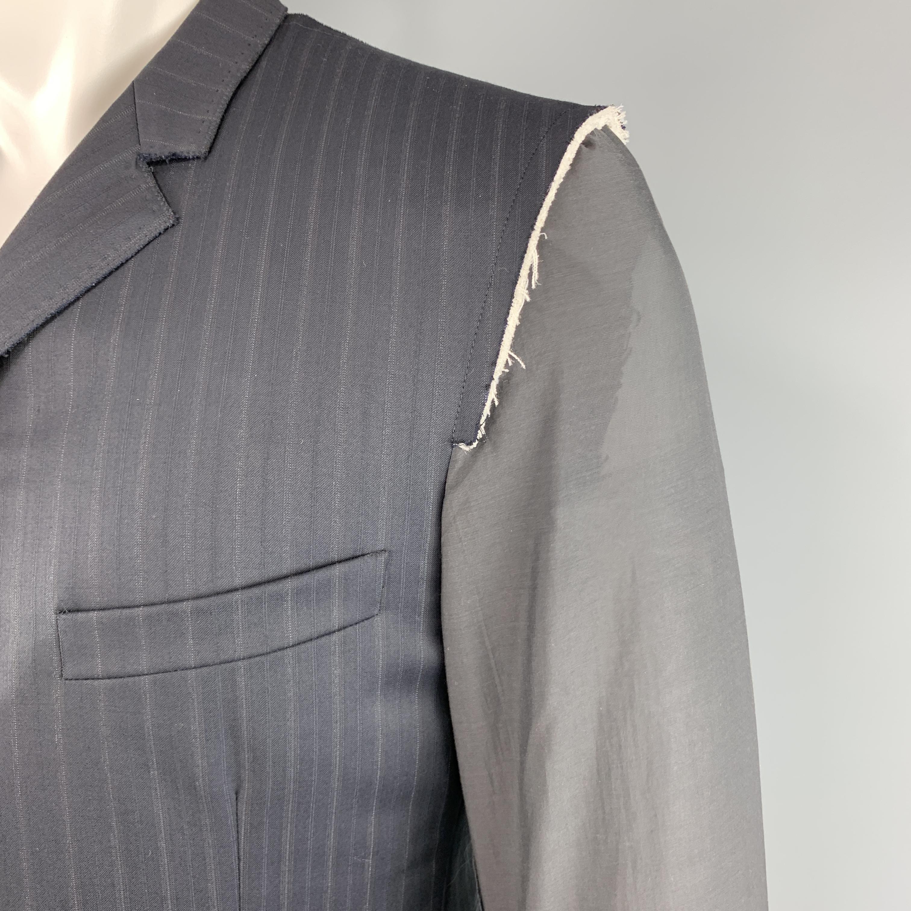 LANVIN 40 Navy Striped Wool Notch Lapel Sheer Back & Sleeves Jacket In Excellent Condition In San Francisco, CA