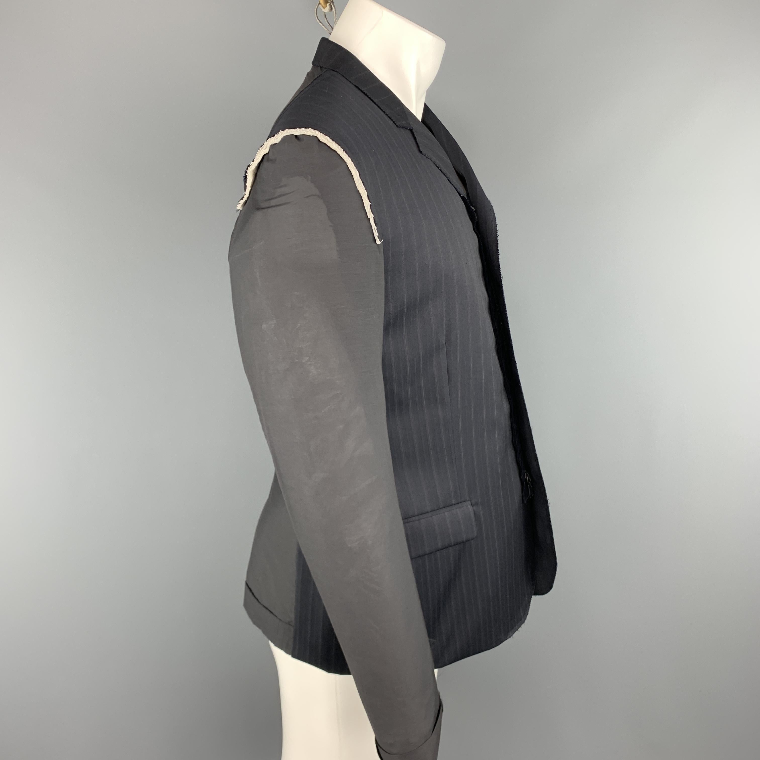 LANVIN 40 Navy Striped Wool Notch Lapel Sheer Back & Sleeves Jacket 1