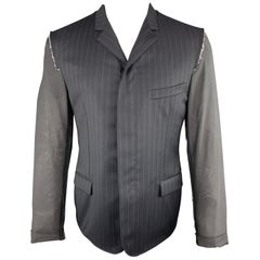 LANVIN 40 Navy Striped Wool Notch Lapel Sheer Back 
Sleeves Jacket