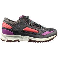 LANVIN 6 Charcoal Paint Splatter Coral & Purple Color Block Leather Sneakers