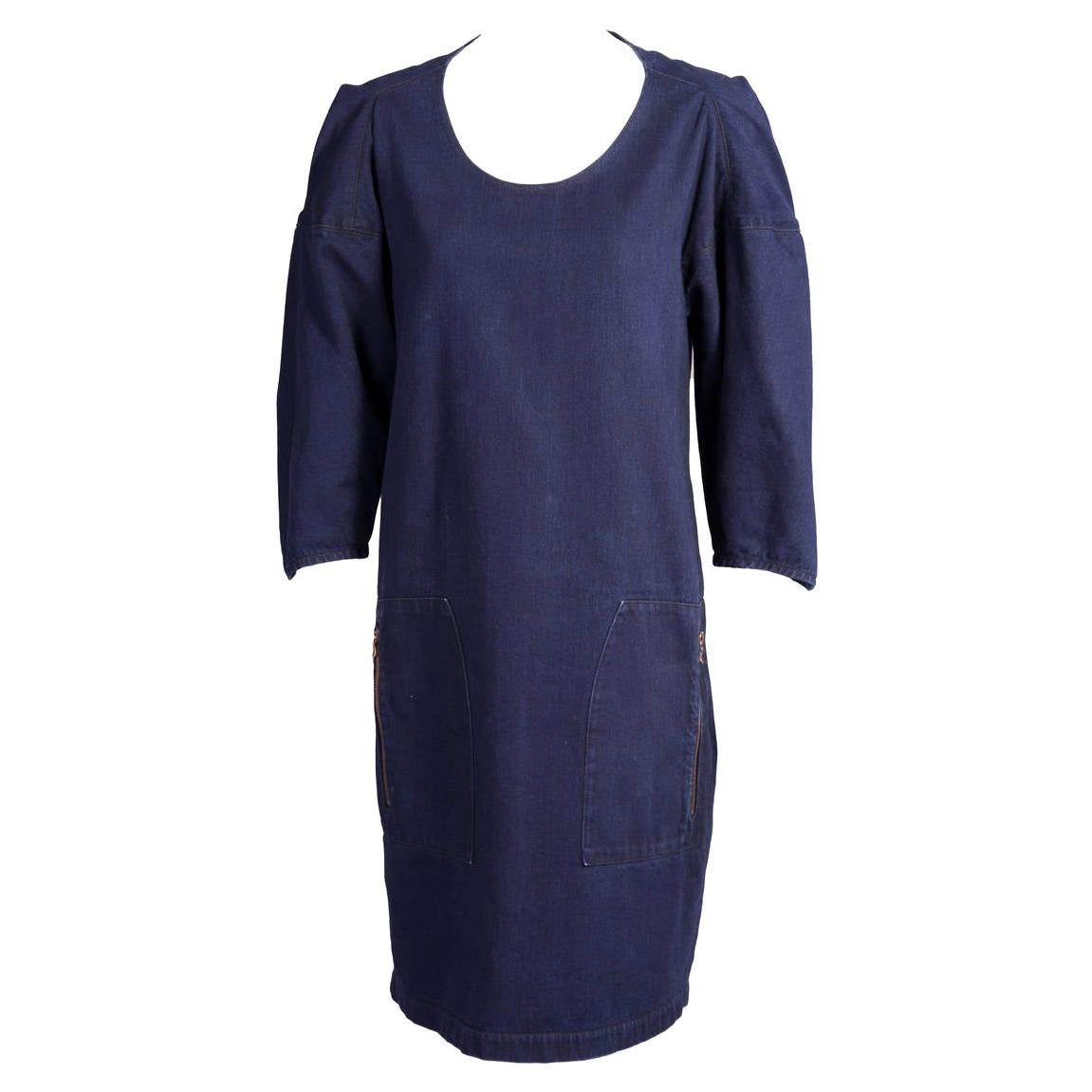 Lanvin & Acne Dark Blue Denim Dress with Gathered Sleeve Detail Zippered Pockets For Sale