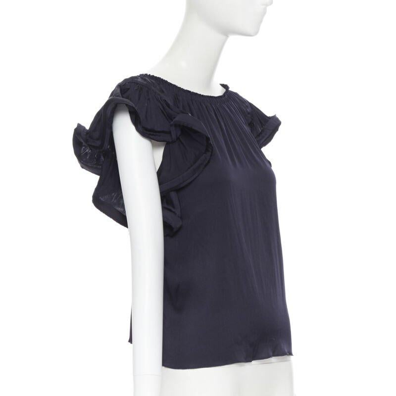 Black LANVIN ALBER ELBAZ 2008 stretch silk elasticated neck ruffle sleeve top FR34 XS For Sale