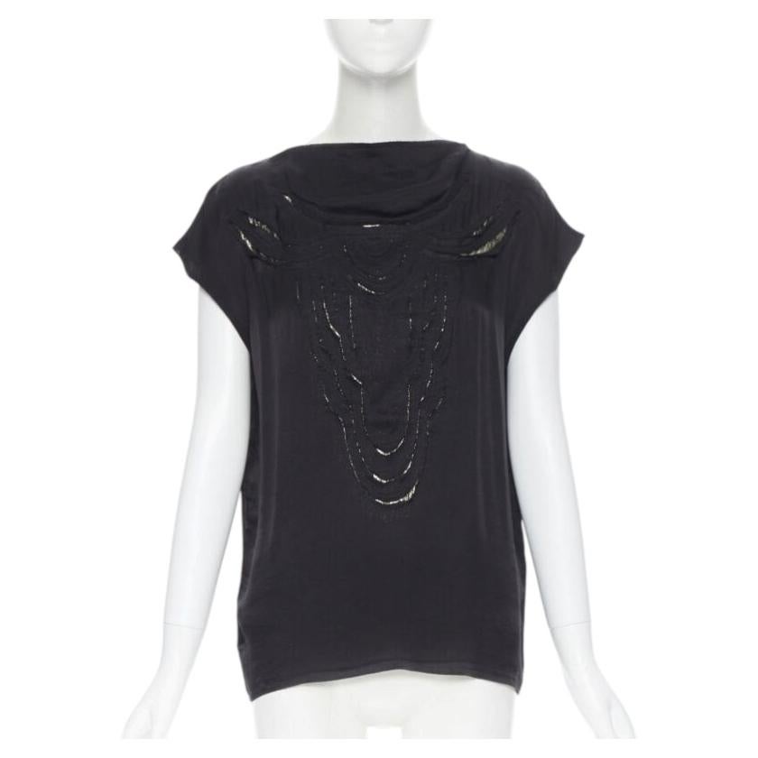 LANVIN ALBER ELBAZ 2009 top de seda negra y lúrex dorado con mangas casquillo FR36 XS en venta